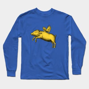 Trendy Flying Pig Yellow Vintage Engraving Farm Animal Wings Long Sleeve T-Shirt